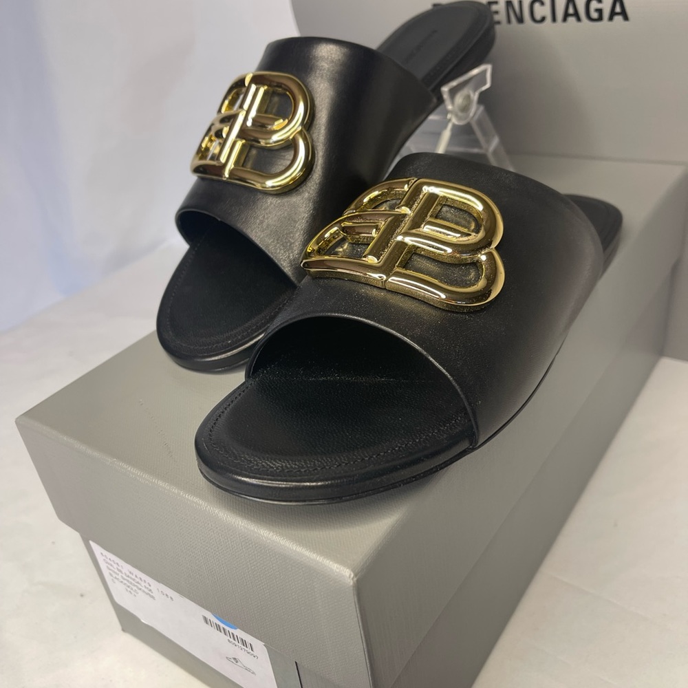 Balenciaga size US 6.5 (ER 36.5) Oval BB sandals black shiny sheepskin gold - Picture 5 of 17